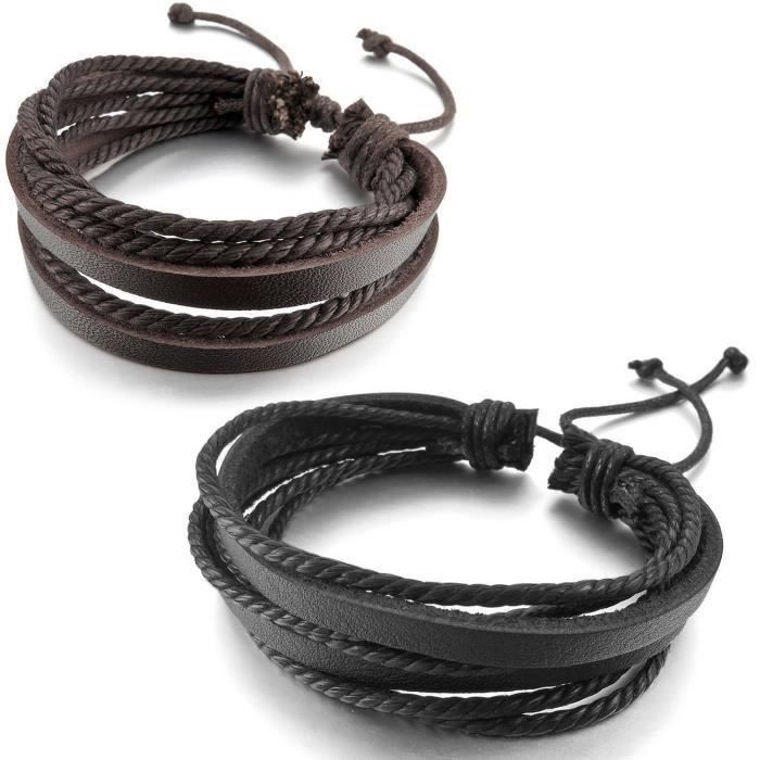 Lot De 3 Bracelets Cuir Homme – 1 Manchette Force + 2 Bracelets Noir Et Marron