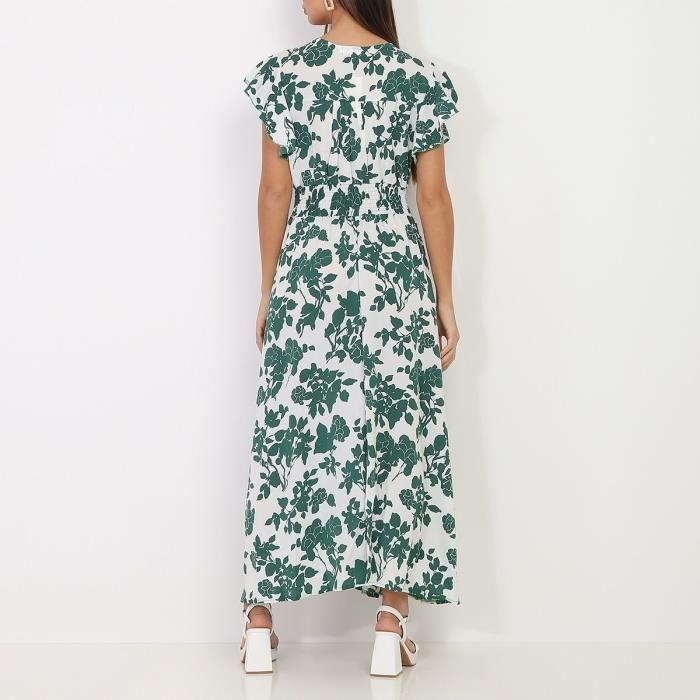 Robe longue blanche a fleurs vertes et fente Blanc Cdiscount Pret a Porter