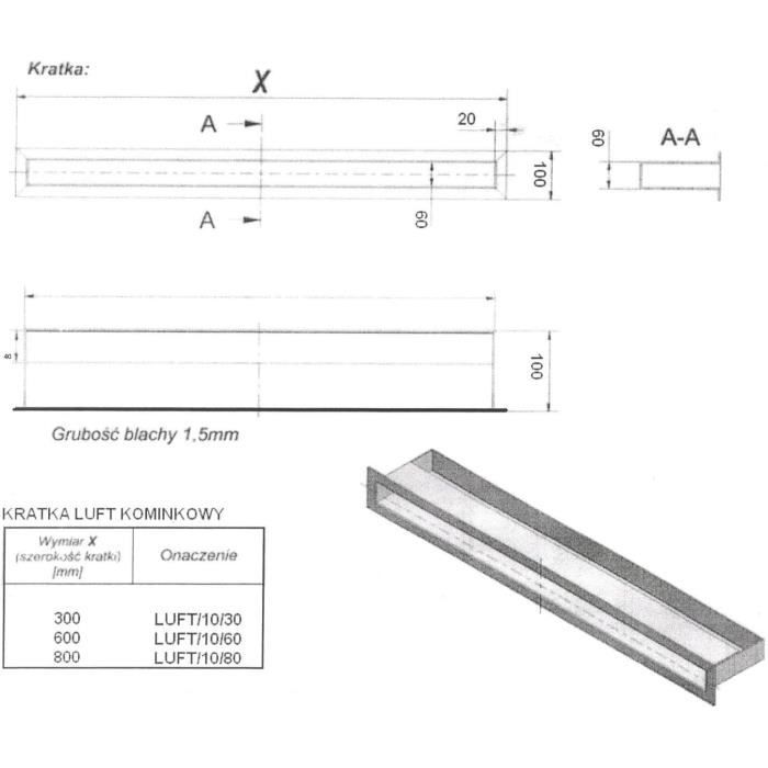 Grille De Cheminée LUFT 6x80 Inox – Kratki, Fabrication Polonaise, Acier Peint