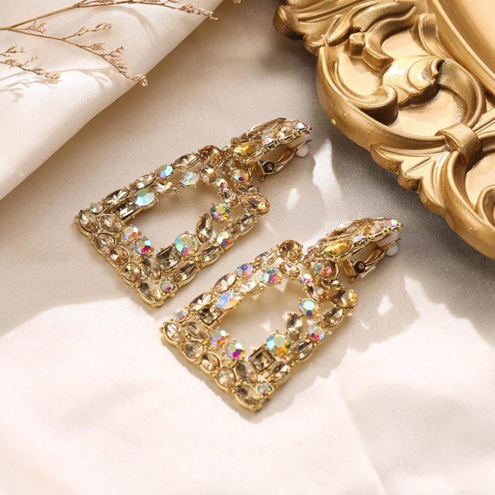 Boucles D'oreilles Clips Gouttes – Métal Doré Strass Cristal – Style Art Déco