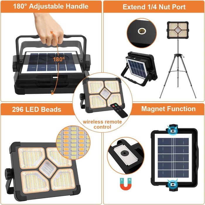Projecteur LED 150W Rechargeable ERAY – Avec Télécommande, Support, étanchéité IP66, 10000 Lumens