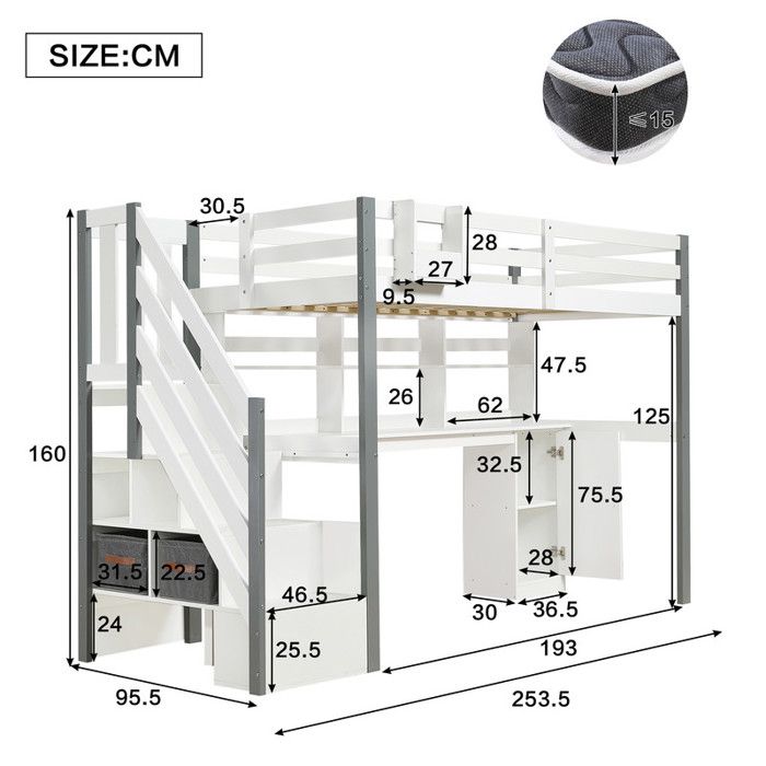Lit mezzanine sécurisé 90x200, porte avec fenêtre, structure en bois massif et échelle réversible. Multifonction, blanc (sans Matelas