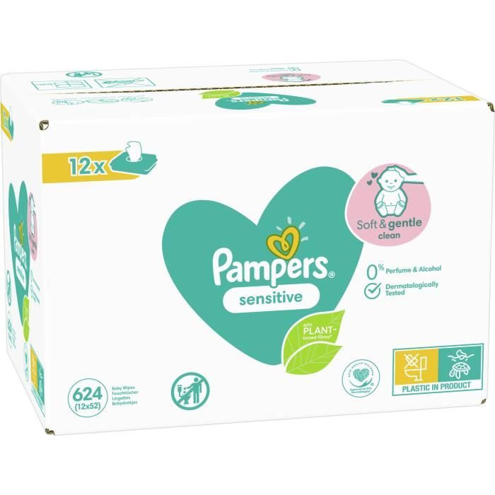 Pampers lingettes bébé sensitive - lot de 12 x 52 lingettes - 624 lingettes  - Conforama