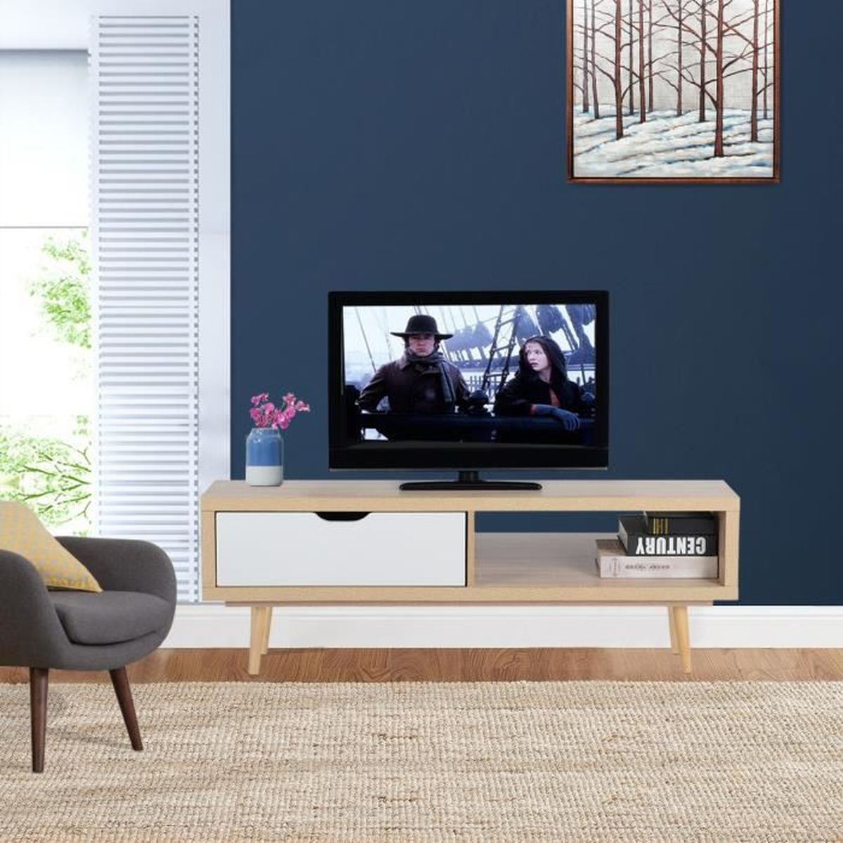 Meuble Tv Salon Scandinave Design 2 Portes Et Etagere En Mdf Bois