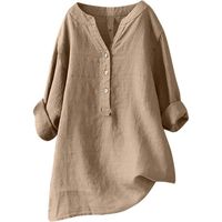  Coton Lin pour Femmes Col V Bouton T-Shirts Manches Longues Tops Couleur Unie Lâche Respirant Grandes Tailles Casual  Kaki