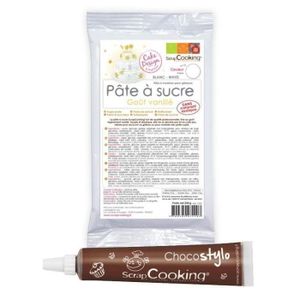 AIDE PÂTISSERIE Pâte à sucre blanche arôme vanille 250 g + Stylo chocolat