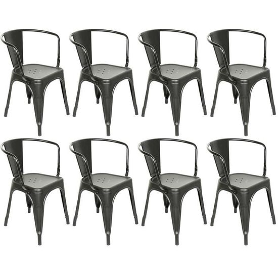 8X Chaise empilable en fer forgé - Noir - Style Industrielle - Haute 72 cm