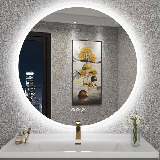 Miroir De Salle De Bain Rond 80 Cm à Motifs - Lumière LED 3 Couleurs & Intensité Variable - Anti-Buée IP44