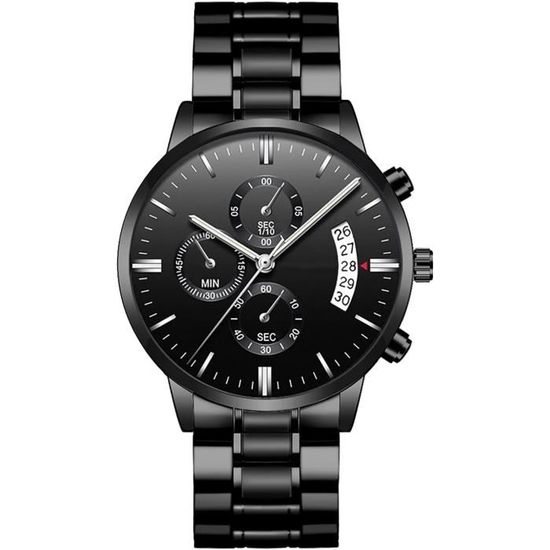 Montre Homme Quartz Acier étanche Banbony - Cadran Noir Avec Strass Et Date - Luxe Neuf Avec étiquettes