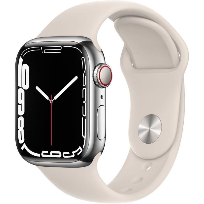 Apple Watch Series 7 GPS + Cellular - 41mm - Boîtier Silver Stainless Steel - Bracelet Starlight Sport