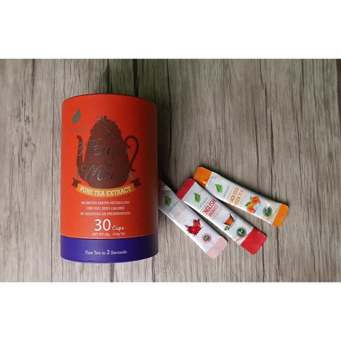 3 tasses pour 3 repas, thé noir, thé vert pêche et thé détox, extrait de thé instantané