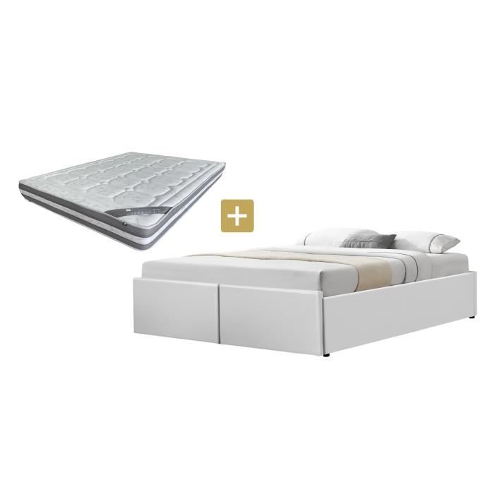 Lagertha Lit Coffre Pu Blanc 2 Tiroirs Et Matelas A Mémoire De Forme, 140 cm X 190 cm