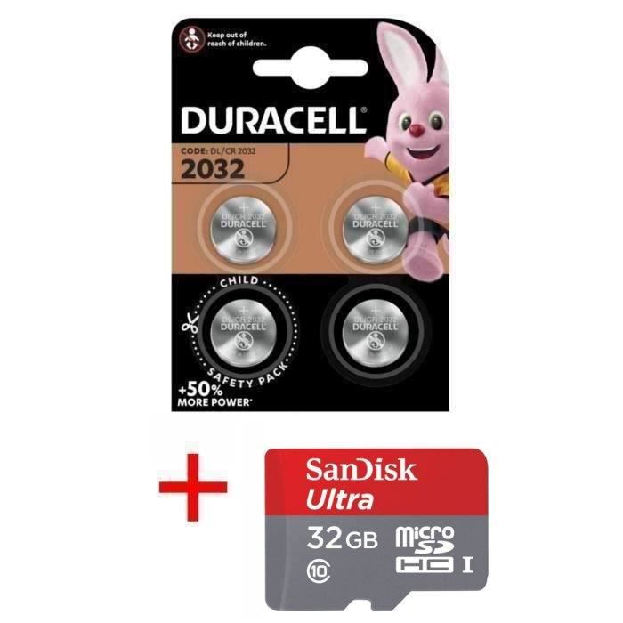 Pile CR2032 DURACELL lot de 4 piles lithium 3V CR 2032 3.0 Volts, pile plate bouton, capacité 180mAh avec étui pour Carte Bancaire