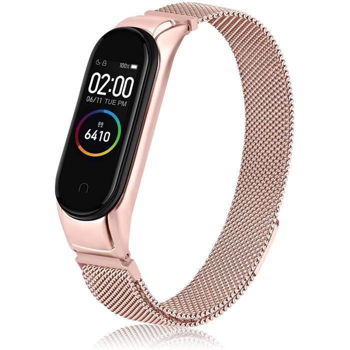 Bracelet Milanais Compatible Xiaomi Mi Band 4/3/5/6, Remplacement en Acier Inoxydable, Ajustable/Étanche/Respirant/Magnétique,Rose