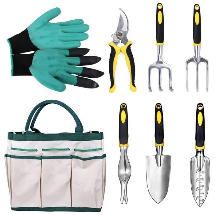 8 pieces Outils de jardinage en aluminium Kit de jardin Outils a main avec poignees ergonomiques incluses Transplanteur Secateur Cul