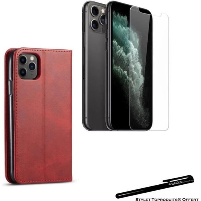 Etui portefeuille Rouge pour iPhone 11 pro Max Housse à fermeture magnétique et Verre trempé 2,5D avec Stylet Toproduits®