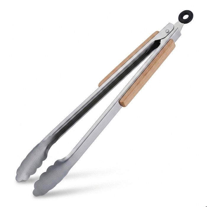 Pinces de barbecue durables en acier inoxydable avec poignée en teck Pinces de barbecue durables en acier inoxydable avec poignée en teck