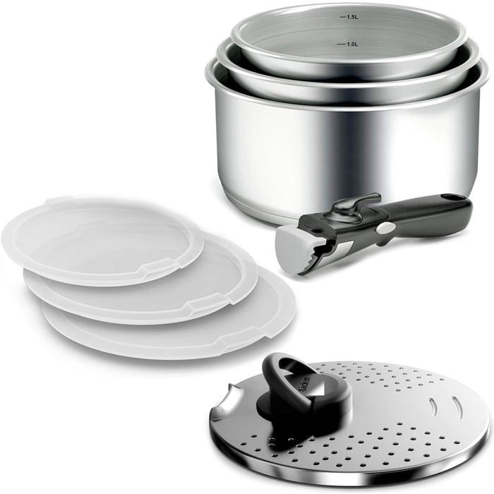 Set De 3 Casseroles Inox Backen 16-18-20cm - Induction, Couvercle Multipositions, Poignée Amovible