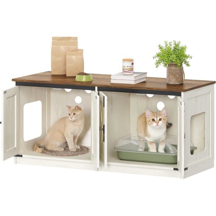 Maison de Toilette Chat, pour 2 Chats, Meuble pour Bac à Litière Caché, Maison pour Chat D'intérieur, Marron Rustique et Blanc