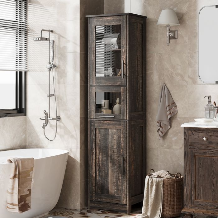 Armoire de salle de bain - HOERFURIY - Colonne 40x31x170 cm - 2 portes & étagère réglable - 5 compartiments - MDF haute densité