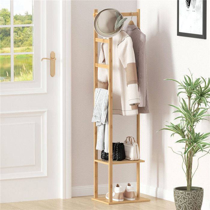 Porte Manteau Sur Pieds Bambou - 155x38x30cm Portant à Vêtements Polyvalent avec 3 Patères et Tringles Vestiaire dEntrée