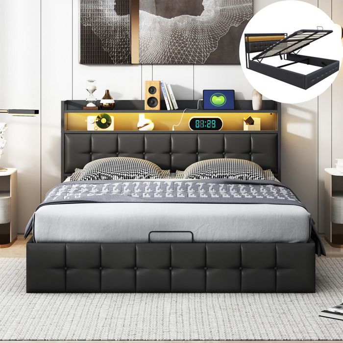 ADWOLT Lit Coffre 160×200 cm avec LED Lit Double avec Sommier à Lattes Tête de Lit avec Prise USB et Type-C Tissu en PU Noir