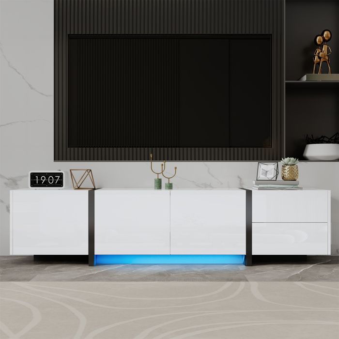 Meuble TV - MODERNLUXE - 170x30x39 cm - LED - 4 portes et 1 tiroir - Blanc brillant