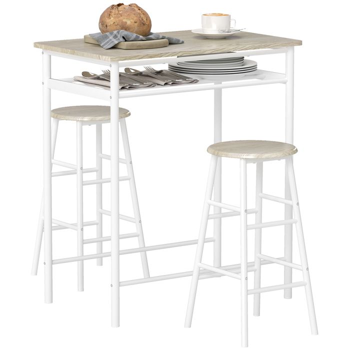 Ensemble table de bar avec 2 tabourets - HOMCOM - étagère - style industriel - MDF et pieds en métal - 80x50x90cm - blanc