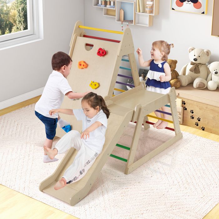 COSTWAY Aire de jeux d'escalade intérieure bois 8 en 1 pour enfants 3 ans+, montessori, toboggan amovible et filet, char