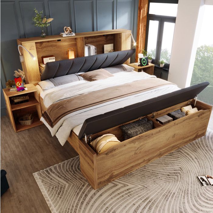 Lit adulte 180x200 cm avec lampes de lecture USB. 2 tables de chevet et banc coffre. bois chêne