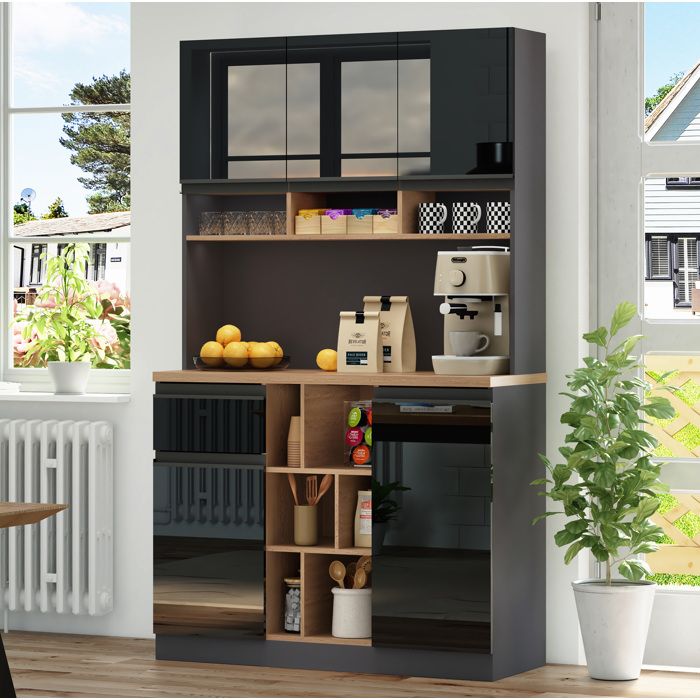 Buffet haut noir brillant et anthracite 105 x 45 x 185 cm étagères réglables tiroir