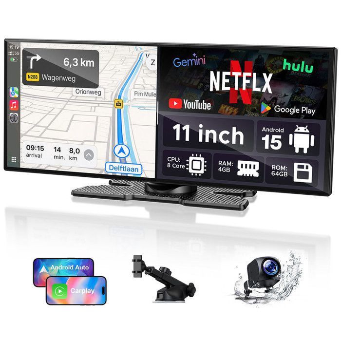 Autoradio Carplay sans Fil Android Auto 11 écran voiture avec Google Play & Gemini AI 8-core 4+64GB Vidéo Apps Netflix YouTube