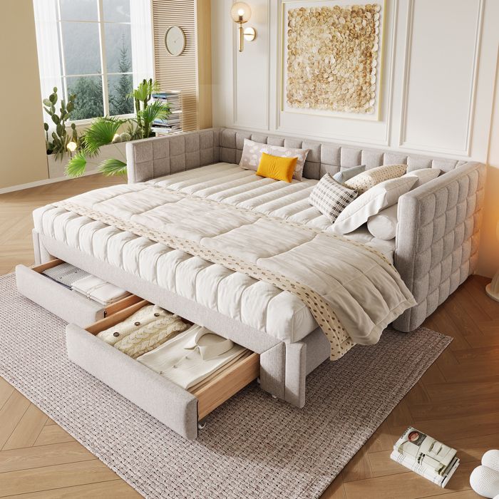 Lit Gigogne 90x200 cm - Lit Simple Enfant avec Dossier Carré et 2 Tiroirs de Rangement - Sans Matelas - Velours Beige