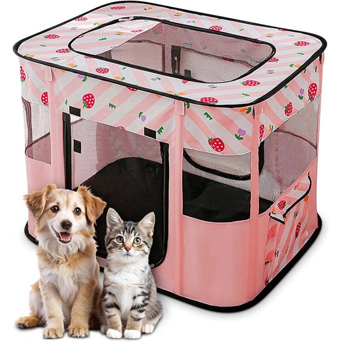 Parc pour Chien Pliable Enclos Portable pour Chiot Chat Lapin Tente Respirante du2019Intérieur/Extérieur M Fraises Roses CLAPIER