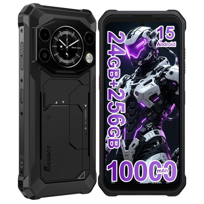 FOSSiBOT F117 Smartphone Robuste 24Go + 256Go 10000mAh Écran 675 + 1.32” Android 15 50MP Téléphone Double SIM 4G Noir