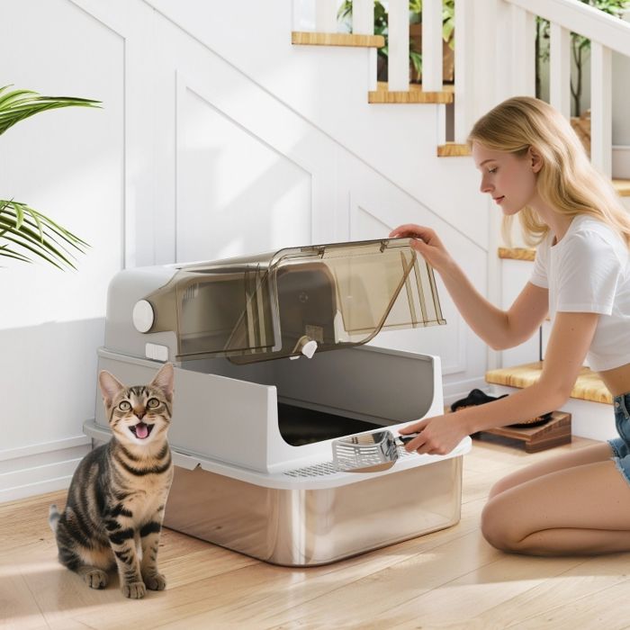 Bac à litière XXL inox couvercle articulé pelle pour grand chat jusquà 12 kg