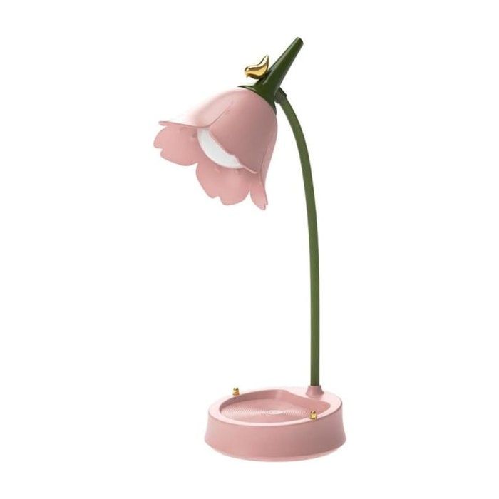 Flower-shaped LED desk lamp with adjustable gooseneck arm touch dimming and rechargeable battery (pink).