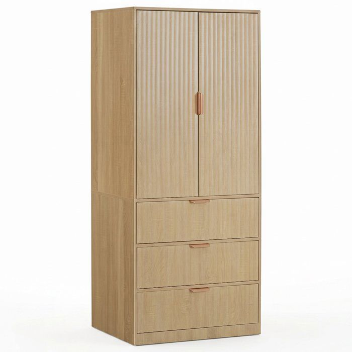 Wevalley Armoire Penderie 2 Portes 3 Tiroirs avec Miroir - Finition Chêne Ondulé - Meuble de Rangement Chambre - 80x48x180 cm