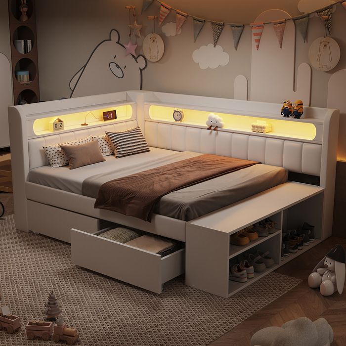 Canapé-lit rembourré 90 x 200 cm avec port USB et LED Comprenant un meuble à chaussures et deux tiroirs Tissu lin Blanc