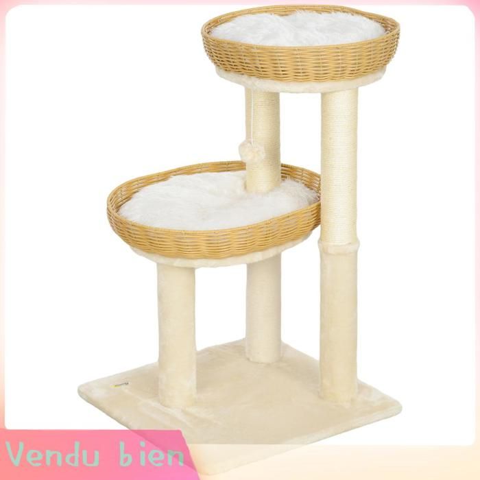 LIA Arbre à chat 2 lits rotin beige H75 5cm