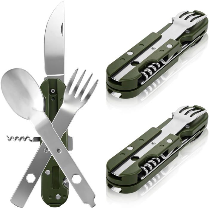 Couvert camping pliant 5-en-1 acier inoxydable vaisselle voyage multifonction avec ouvre-bouteille lot de 2 - Argent (5 Pièces)-a