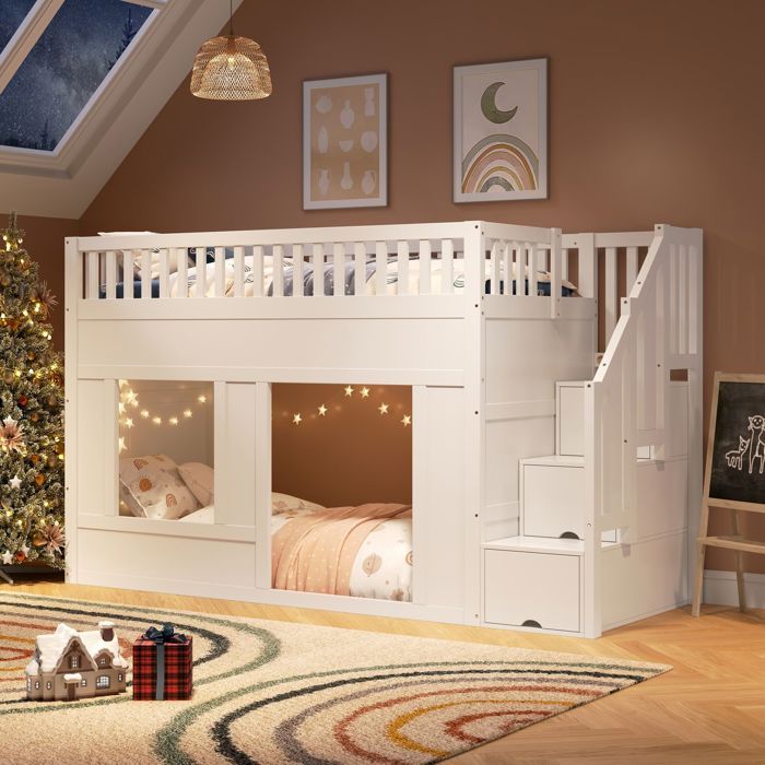 Lit superposé enfant - SOGEU - Celit - 90 x 200 cm - Escalier avec rangement - Sommier inclus