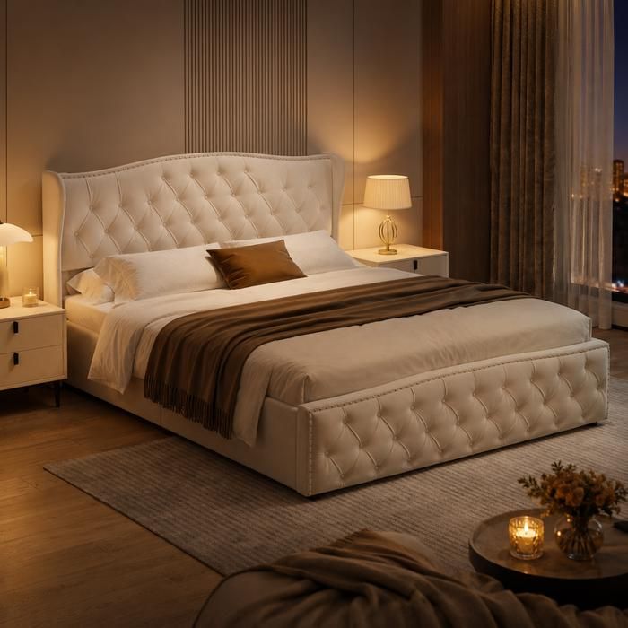 Lit Coffre Hydraulique 160x200 cm Lit Adulte avec Sommier à Lattes Lit Rembourré avec Capitonnage et Rivets Velours Beige