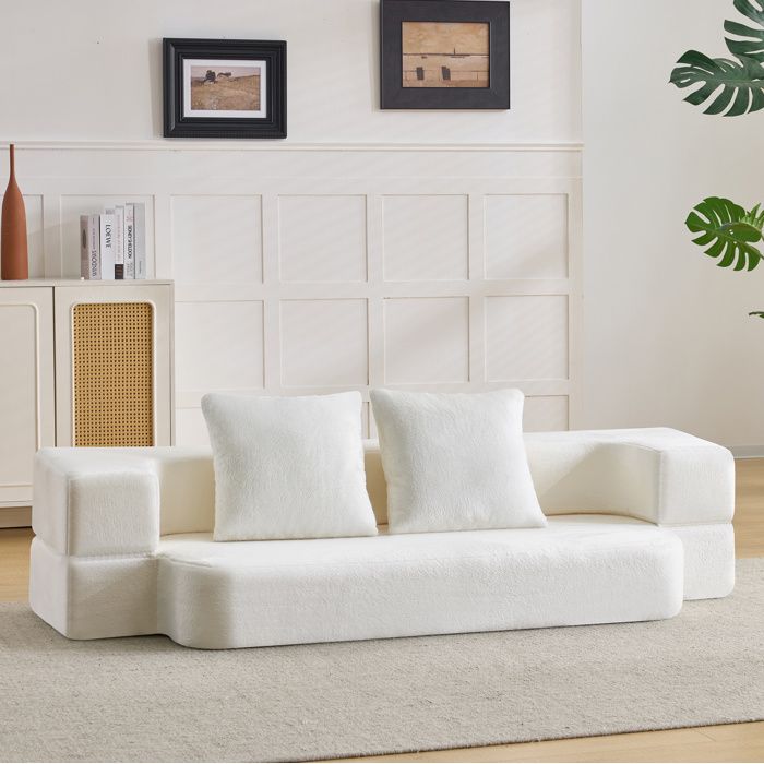 Canapé convertible 2 places blanc sans montage mousse haute densité et ressorts 2 coussins inclus