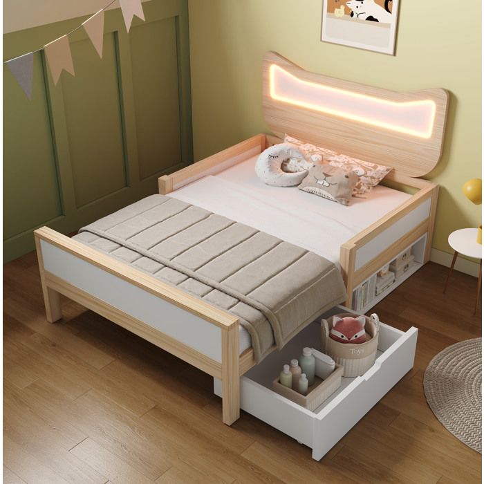 MEUBLIV Lit enfant 90 x 200 cm avec tête de lit chat LED RGB sommier à lattes tiroir et niche blanc et chêne