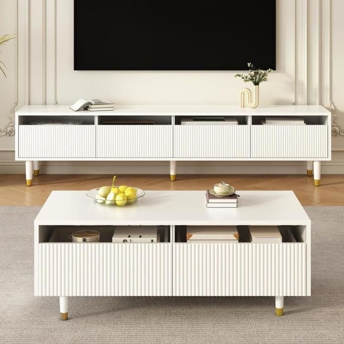Meuble TV - KOMHTOM - Meuble TV moderne 4 portes - 178x35x45 cm - LED 7 couleurs (commande app) - Table basse 2 tiroirs Meuble TV - KOMHTOM - Meuble TV moderne 4 portes - 178x35x45 cm - LED 7 couleurs (commande app) - Table basse 2 tiroirs