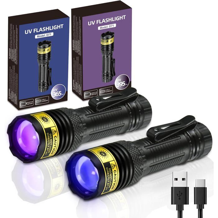 Lampe de poche UV 365 et 395 nm - Lumière noire - Mini USB - Rechargeable par USB - Lampe de bois - Puissante lampe fluorescente