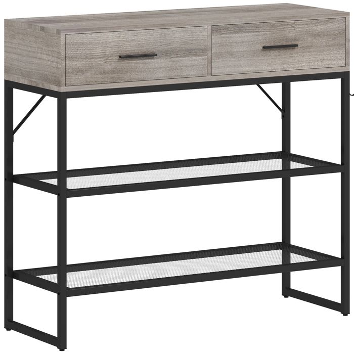 LIA Console dentrée avec 2 tiroirs 2 étagères et crochet latéral en bois et métal 100x35x92 cm noir et bois