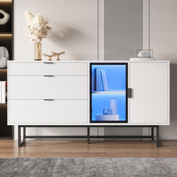 Buffet - KOMHTOM - Moderne - Blanc - 160x36x78 cm - LED réglable 3 tiroirs & vitrine Buffet - KOMHTOM - Moderne - Blanc - 160x36x78 cm - LED réglable 3 tiroirs & vitrine
