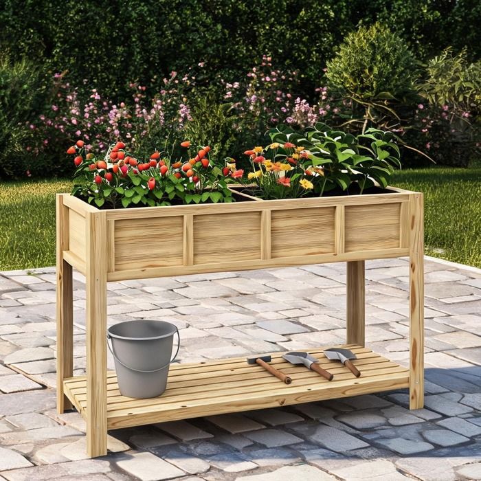 Jardinière sur pieds en bois de sapin naturel 115 x 46 x 75 cm avec séparateur et étagère